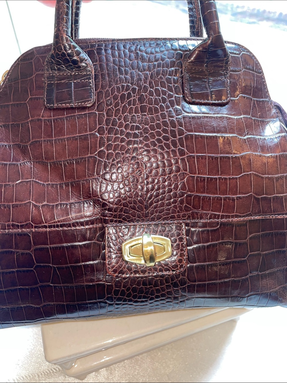Vintage DKNY Dark Brown top Handel bag Crocodile-Embossed 

H 9”  W 10” D5”